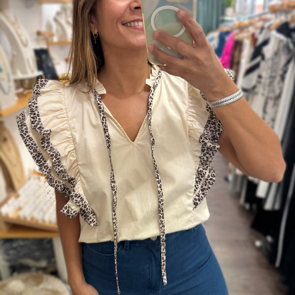 Ivory Trim Detail Ruffled Sleeves Top