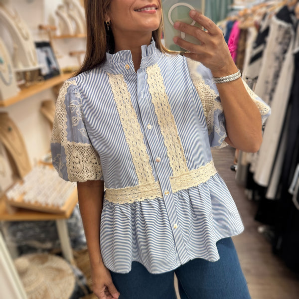 Lace & Blue Stripes Top
