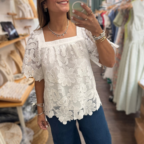White Lace Square Neck Top