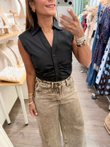 Black Shirred Front Top