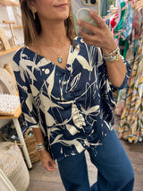 Navy Print Drawstring Top