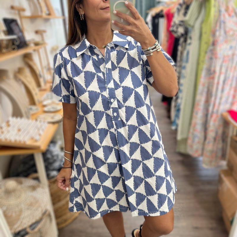 Blue Geometric Print Shirt Dress