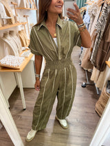 Olive Smocked Waist Barrel Jumpsuit