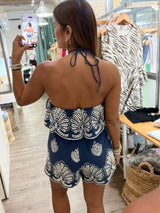 Navy Halter Embroidered Romper