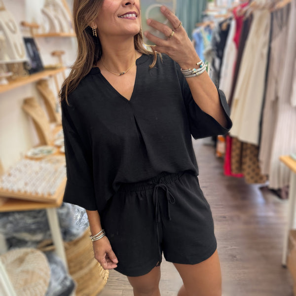 Black V-Neck Top & Shorts Set
