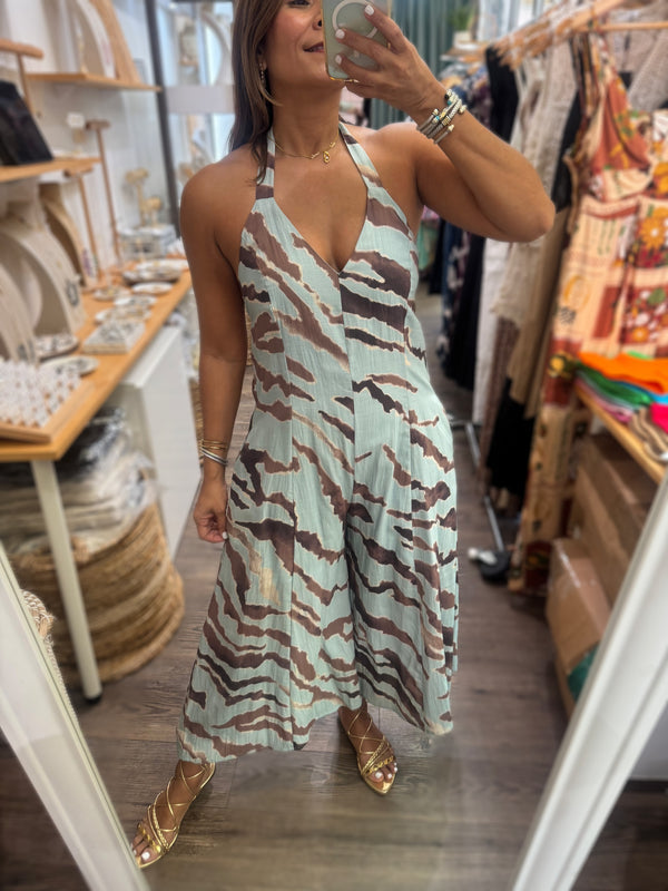 Light Blue Print Halter Jumpsuit