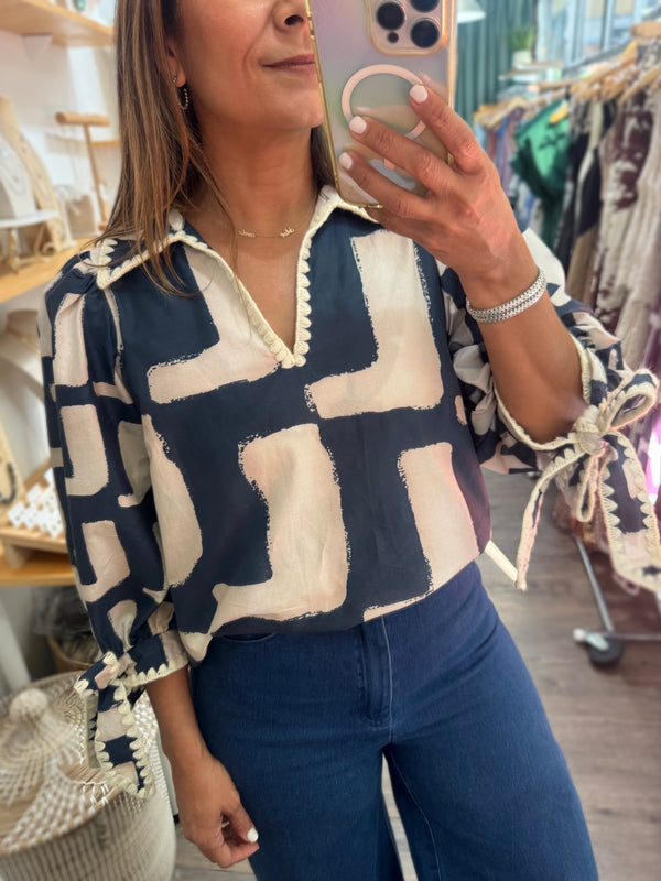 Blue Print Sleeves Detail Top