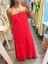 Red Strapless Eyelet Dress