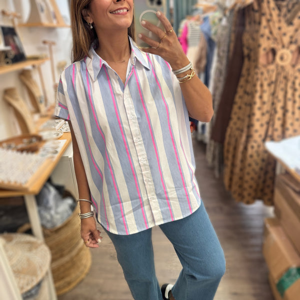 Blue & Pink Stripes Button Down Top