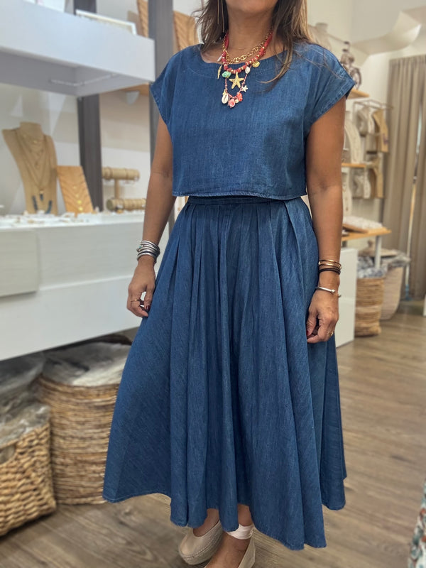 Denim Top & Midi Skirt Set