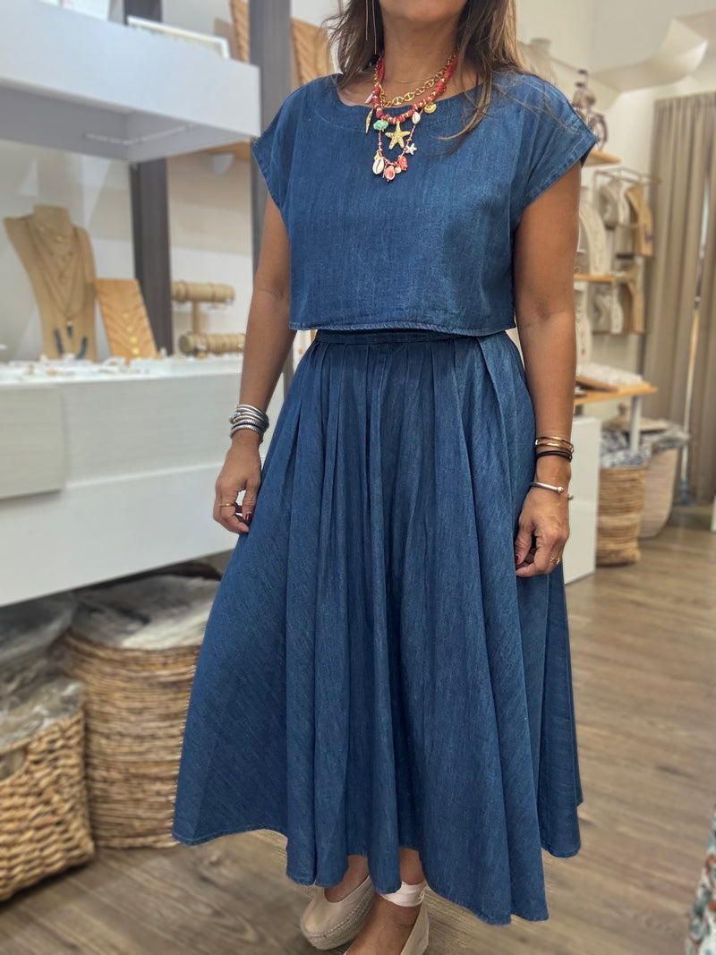 Denim Top & Midi Skirt Set