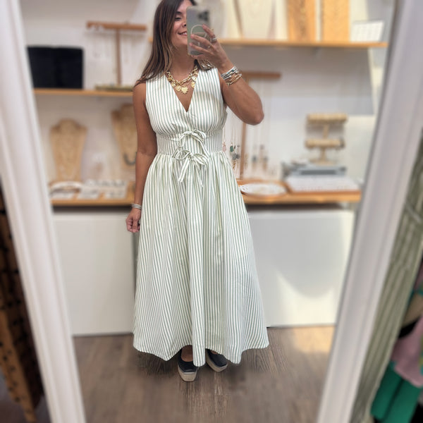 Green Stripes Front Ties Dress