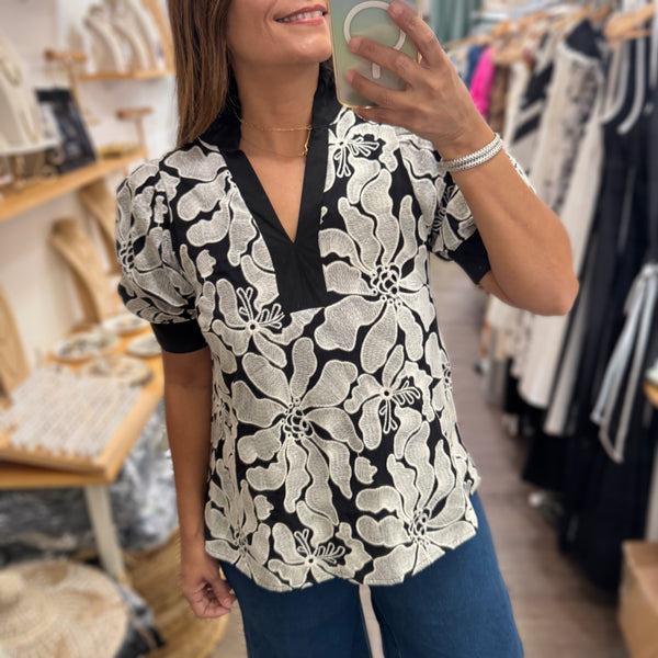 Black & White Flower Embroidered Top