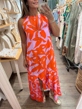 Fuchsia & Orange Asymmetrical Hem Dress