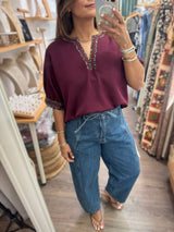 Burgundy V-Neck Trim Detail Top