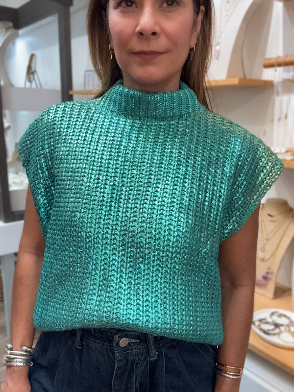 Green Metallic Knitted Top