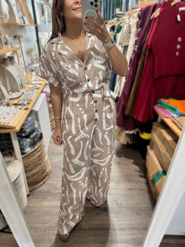 Taupe Print Collared Jumpsuit