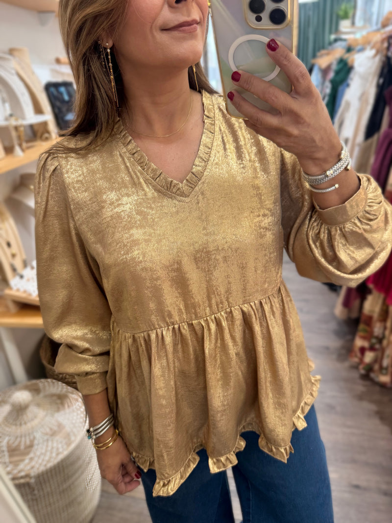 Gold Metallic V-Neck Top
