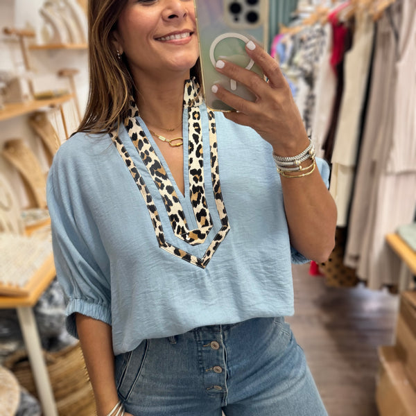 Light Blue Leopard Print Neck Top