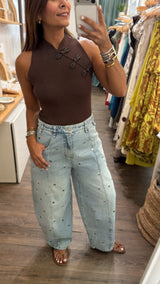 Brown Mandarin Neck Top