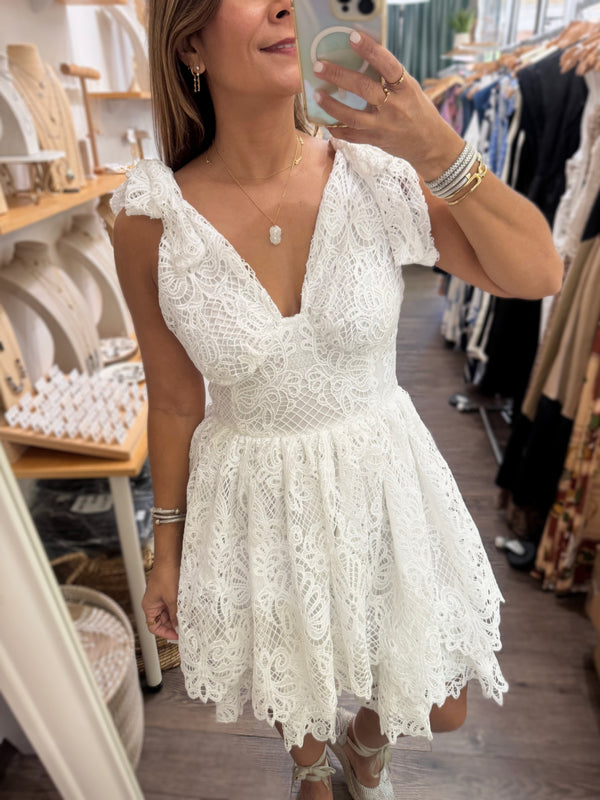 White Lace Shoulder Ties Dress