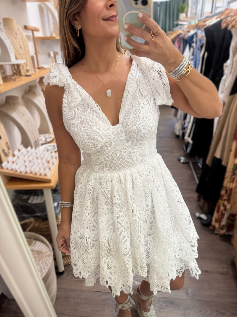 White Lace Shoulder Ties Dress