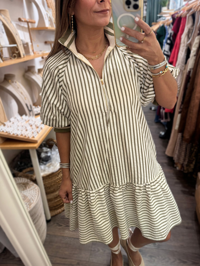 Olive Stripes Front Zipper Dress