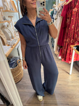 Navy Front Zipper Jumpsuit