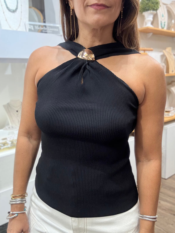 Black Gold Detail Halter Top