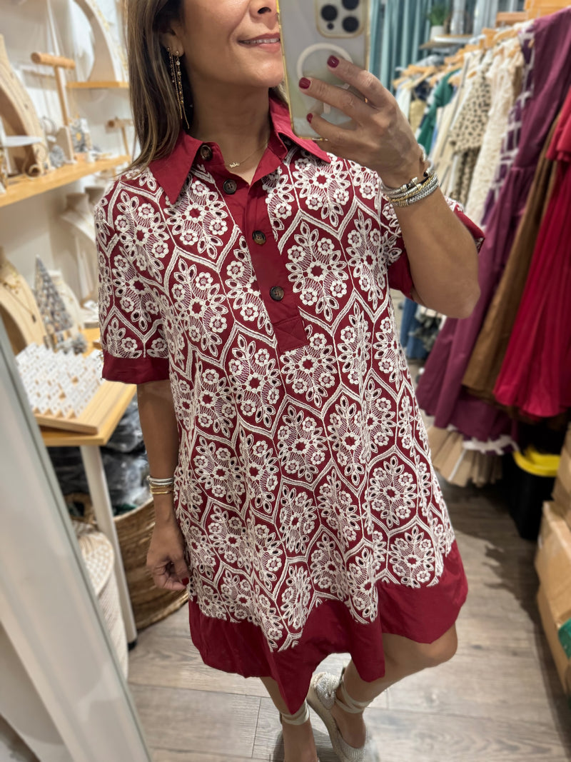 Burgundy Lace Contrast Dress