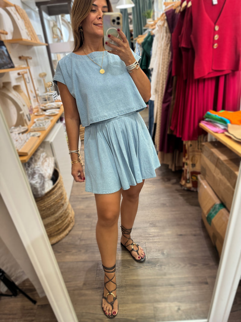 Light Denim Top & Skirt Set