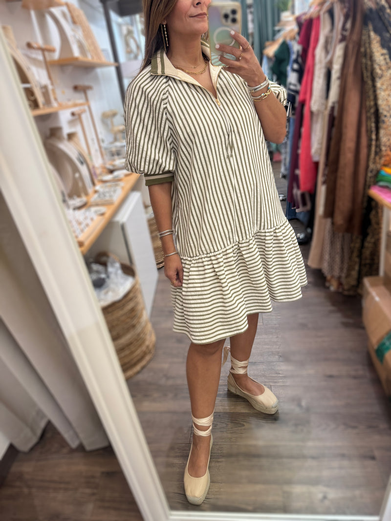 Olive Stripes Front Zipper Dress