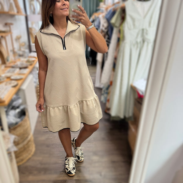 Beige Drop Waist Textured Dress