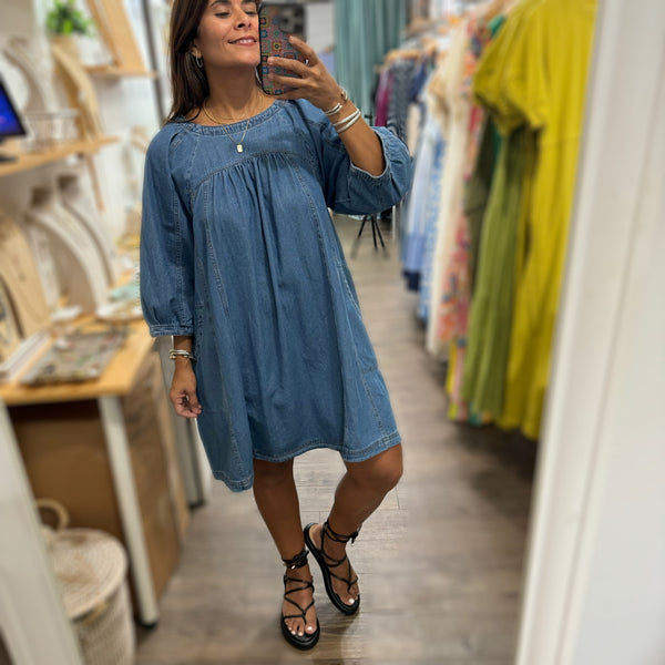 3/4 Sleeve Denim Dress - Peplum Clothing