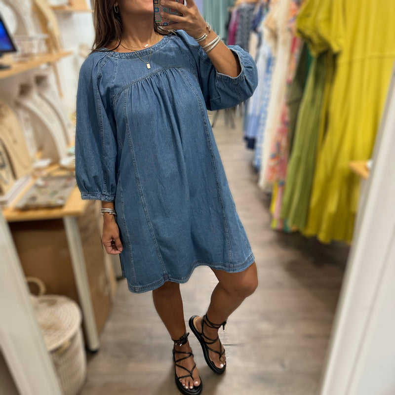 3/4 Sleeve Denim Dress - Peplum Clothing