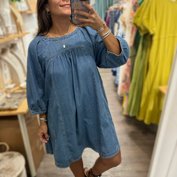 3/4 Sleeve Denim Dress - Peplum Clothing