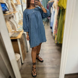 3/4 Sleeve Denim Dress - Peplum Clothing