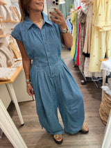 Denim Smocked Waist Jumpsuit