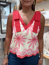 Pink & Red Embroidered Top