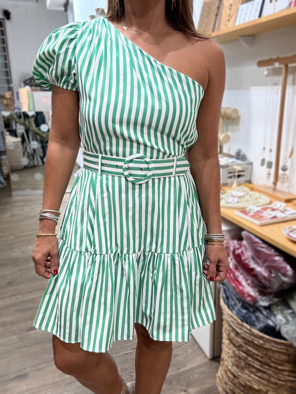 Green Stripes One Shoulder Dress
