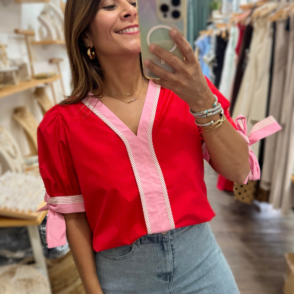 Red & Pink V-Neck Top