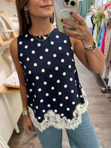 Navy Polka Dots & Lace Top