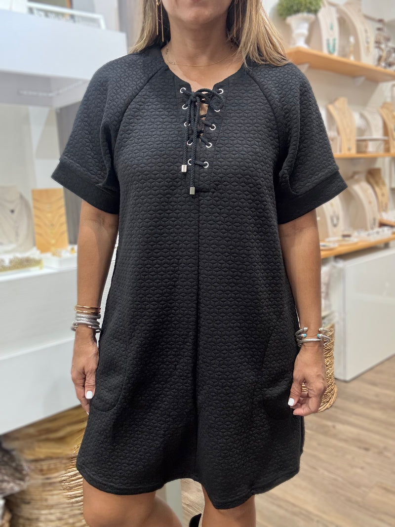 Black Textured Lace-Up Detail Dress