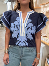 Blue Ruffle Sleeves Top