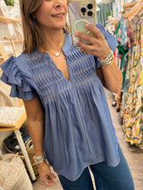 Denim Front Pleated Detail Top