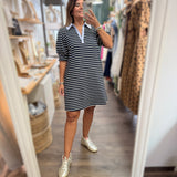 Navy Striped Collared Neck Dress