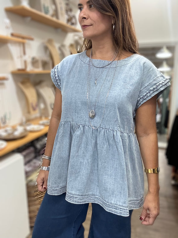 Light Denim Braid Detail Top