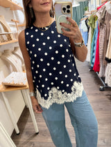 Navy Polka Dots & Lace Top