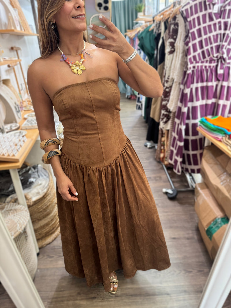Caramel Faux Suede Strapless Dress