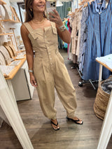 Camel Button Front Jumpsuit